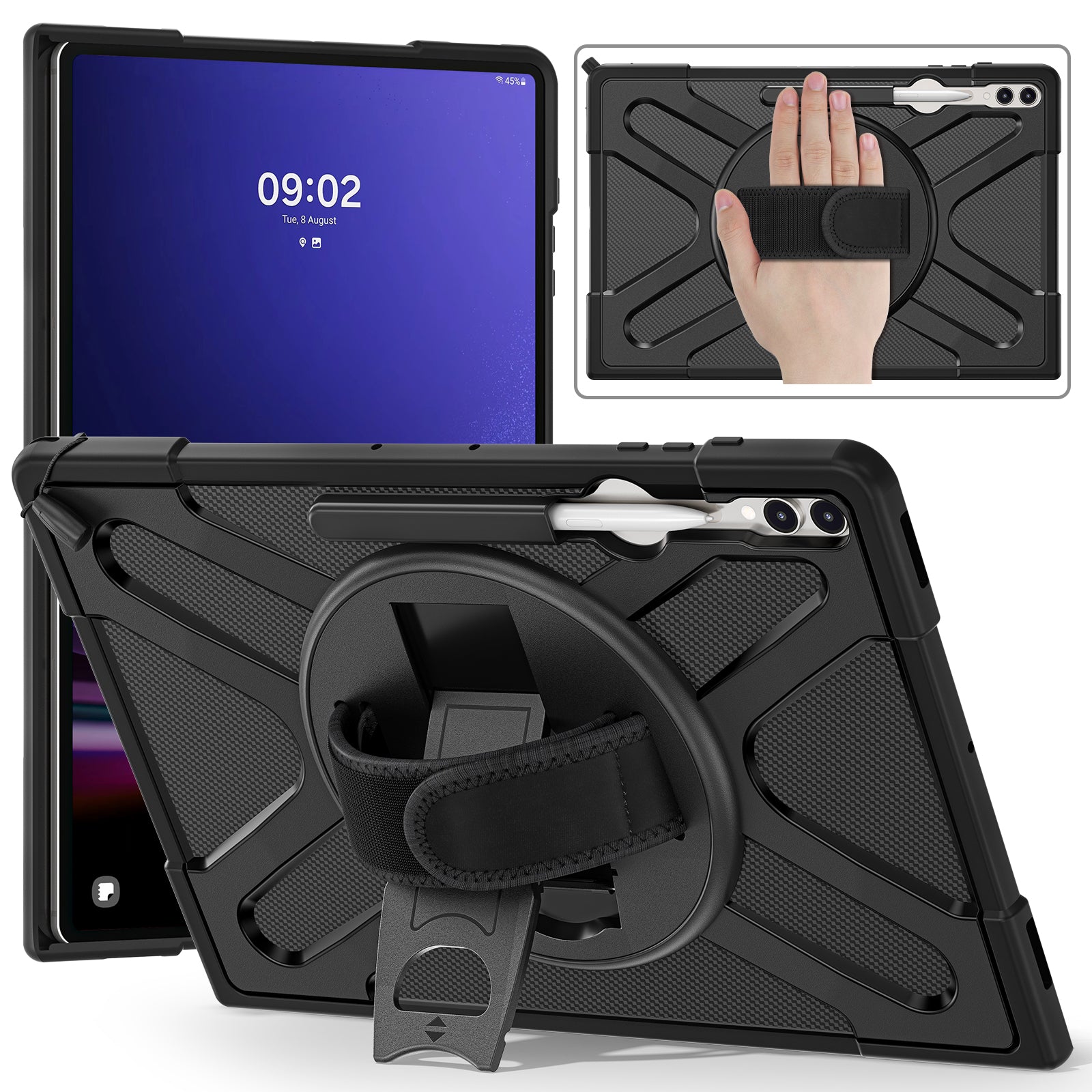 Kickstand Tablet Case for Samsung Galaxy Tab S8 Ultra X900 X906 / Tab S9 Ultra X910 , Rugged Shockproof PC + TPU Cover with Hand Strap - Black Kickstand Tablet Case for Samsung Galaxy Tab S8 Ultra X900 X906 / Tab S9 Ultra X910 , Rugged Shockproof PC + TPU Cover with Hand Strap - Black